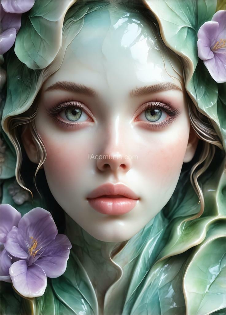 Imagen generada por IA en la comunidad IAcomuia: ((ultra hd quality details, realism, ideal)) a woman made of porcelain, in the style of balanced symmetry, lilac and green, detailed facial features, organic shapes, meticulous portraits, complex patterns.