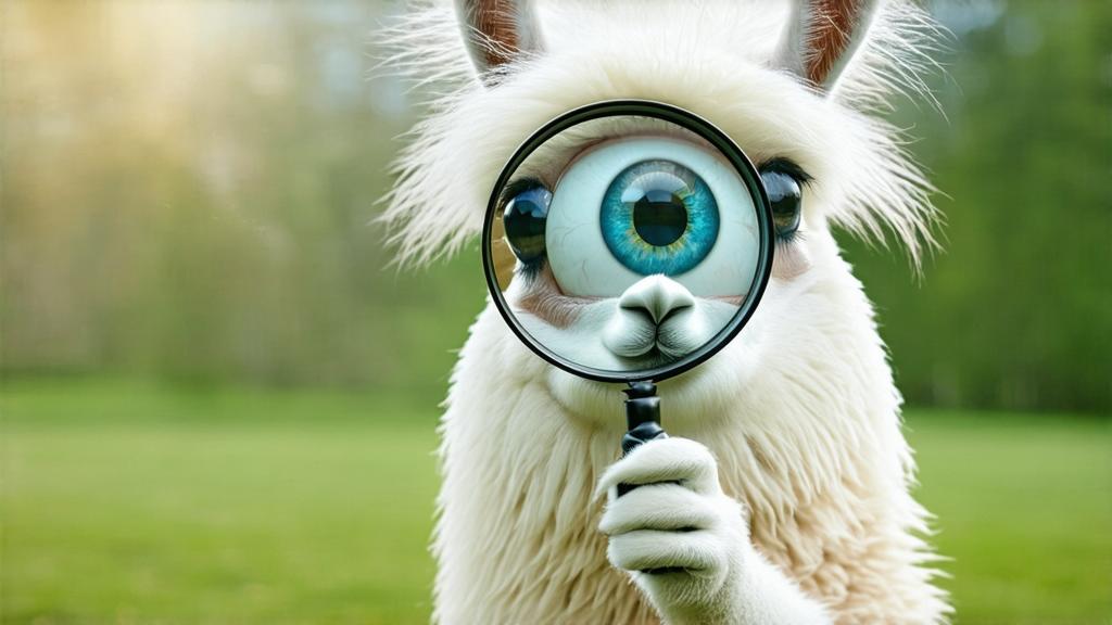 Imagen generada por IA en la comunidad IAcomuia: A whimsical and humorous 3d render of a llama holding a magnifying glass with a comically large eye peering through it, symbolizing the concept of 'search.' the llama has a playful and curious expression, standing on its hind legs like a detective. the magnifying glass is oversized, with a shiny, reflective lens that distorts the eye to look exaggerated and funny. the eye is wide open, with a spark of curiosity and a hint of mischief, emphasizing the idea of searching or investigating. the llama’s fur is soft and textured, with subtle shading to give it a lifelike appearance. the background is a simple, clean environment, like a grassy field or a detective’s office, with soft lighting to highlight the llama and the magnifying glass. the overall style is cartoony yet detailed, with vibrant colors and a touch of surrealism to enhance the humor. rendered in blender with high-quality 3d effects, focusing on playful details and a lighthearted vibe.