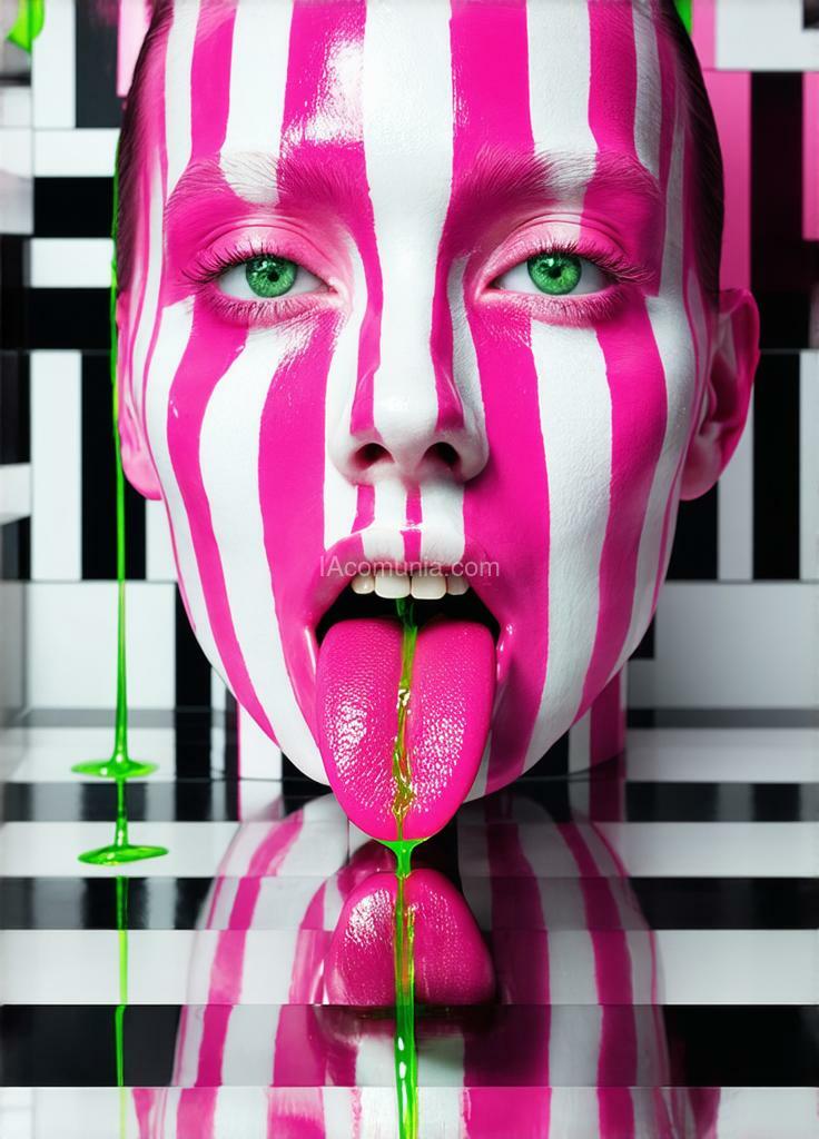 Imagen generada por IA en la comunidad IAcomuia: A 3d rendering of a surreal close-up portrait of a face composed entirely of bold pink and white stripes. the individual's extended tongue drips a viscous green liquid. the background is a minimalist geometric design with black and white stripes. multiple mirrors surround the face, reflecting the scene from various angles. the artwork combines 3d rendering, and portrait photography for a cinematic and avant-garde aesthetic.