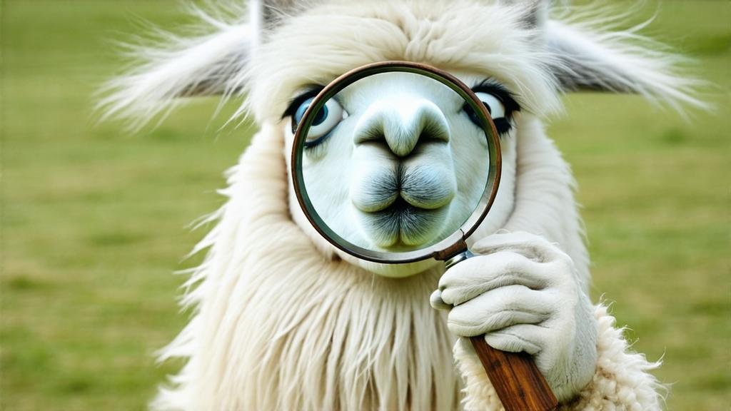 Imagen generada por IA en la comunidad IAcomuia: A whimsical and humorous 3d render of a llama holding a magnifying glass with a comically large eye peering through it, symbolizing the concept of 'search.' the llama has a playful and curious expression, standing on its hind legs like a detective. the magnifying glass is oversized, with a shiny, reflective lens that distorts the eye to look exaggerated and funny. the eye is wide open, with a spark of curiosity and a hint of mischief, emphasizing the idea of searching or investigating. the llama’s fur is soft and textured, with subtle shading to give it a lifelike appearance. the background is a simple, clean environment, like a grassy field or a detective’s office, with soft lighting to highlight the llama and the magnifying glass. the overall style is cartoony yet detailed, with vibrant colors and a touch of surrealism to enhance the humor. rendered in blender with high-quality 3d effects, focusing on playful details and a lighthearted vibe.