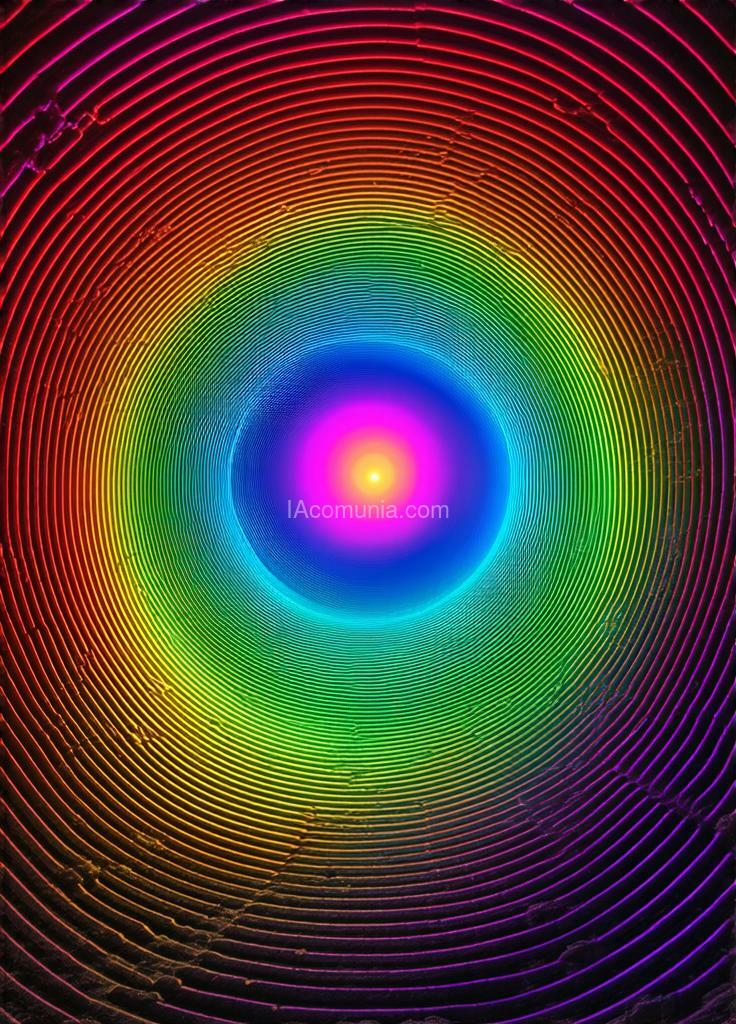 Imagen generada por IA en la comunidad IAcomuia: A mesmerizing 3d dmt-core visualization of a rainbow-colored tunnel of concentric lines curving inward, creating the illusion of infinite depth. the vibrant, neon-colored lines radiate against a pitch-black background, forming a hypnotic vortex that draws the eye toward the center. each line pulses with shifting colors—reds, greens, blues, and purples—adding a surreal, kaleidoscopic effect that feels both captivating and disorienting. the tunnel twists and distorts in a way that suggests a portal or wormhole into an alternate reality, evoking a schizophrenic, mind-bending journey into the unknown. this visual representation of altered perception combines symmetry and chaos, immersing the viewer in a bizarre, psychedelic experience