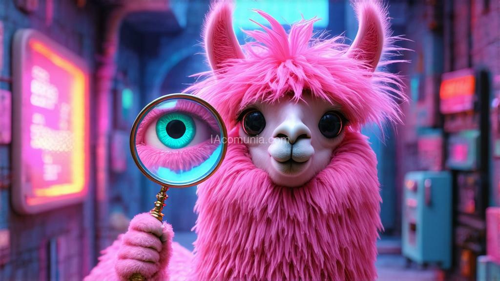 Imagen generada por IA en la comunidad IAcomuia: A whimsical and humorous 3d render of a futuristic, cyclopean llama with vibrant pink punk-style fur, holding an oversized magnifying glass with a comically large, singular eye peering through it. the llama’s fur is spiky and textured, dyed in bold shades of pink with neon highlights, giving it a rebellious and edgy look. its single eye is wide open, glowing with a futuristic blue or green hue, and filled with curiosity and mischief, emphasizing the concept of 'search.' the magnifying glass has a shiny, reflective lens that distorts the eye, adding a surreal and funny touch. the llama stands on its hind legs like a quirky detective, with a playful and confident expression. the background is a sleek, futuristic cityscape or a neon-lit environment, with soft lighting to highlight the llama’s vibrant fur and the magnifying glass. the overall style is cartoony yet highly detailed, with a mix of surrealism and cyberpunk aesthetics to enhance the humor and futuristic vibe. rendered in blender with high-quality 3d effects, focusing on playful details, vibrant colors, and a lighthearted, cutting-edge atmosphere.