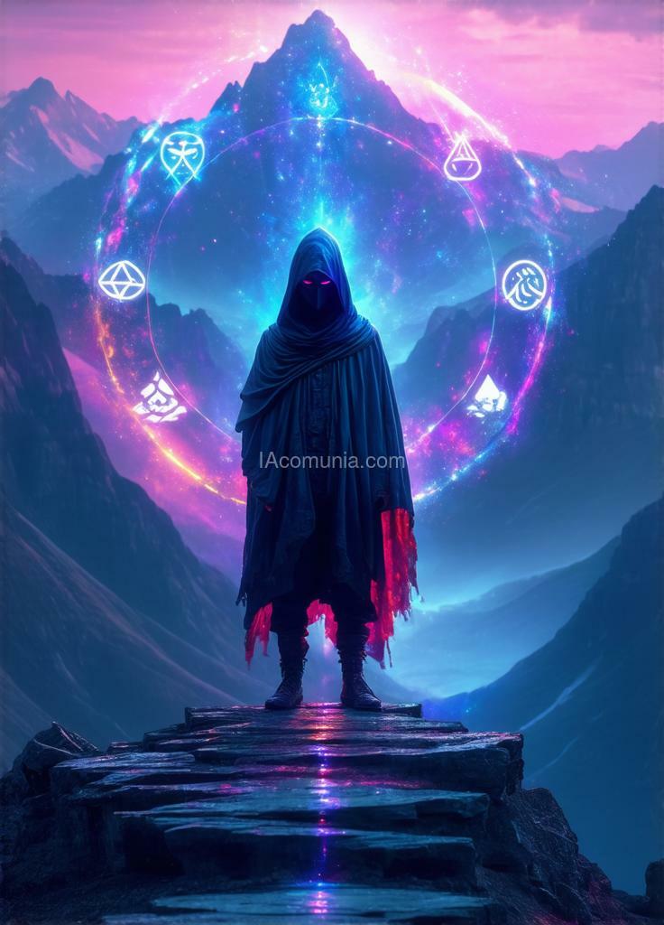 Imagen generada por IA en la comunidad IAcomuia: A person with a mask and hooded cloak on a mountain cliff standing confidently looking out with back turned into the distance in an ethereal, glowing space, surrounded by symbols of harmony and balance. the view is radiant and vibrant, with colors symbolizing clarity and strength, as the person looks with confidence. subtle symbols or light trails around them to represent alignment with a higher reality. created by sasan