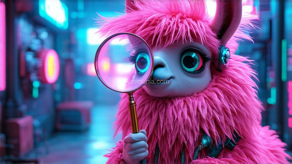 Imagen generada por IA en la comunidad IAcomuia: A whimsical and humorous 3d render of a futuristic, cyclopean llama with vibrant pink punk-style fur, holding an oversized magnifying glass with a comically large, singular eye peering through it. the llama’s fur is spiky and textured, dyed in bold shades of pink with neon highlights, giving it a rebellious and edgy look. its single eye is wide open, glowing with a futuristic blue or green hue, and filled with curiosity and mischief, emphasizing the concept of 'search.' the magnifying glass has a shiny, reflective lens that distorts the eye, adding a surreal and funny touch. the llama stands on its hind legs like a quirky detective, with a playful and confident expression. the background is a sleek, futuristic cityscape or a neon-lit environment, with soft lighting to highlight the llama’s vibrant fur and the magnifying glass. the overall style is cartoony yet highly detailed, with a mix of surrealism and cyberpunk aesthetics to enhance the humor and futuristic vibe. rendered in blender with high-quality 3d effects, focusing on playful details, vibrant colors, and a lighthearted, cutting-edge atmosphere.