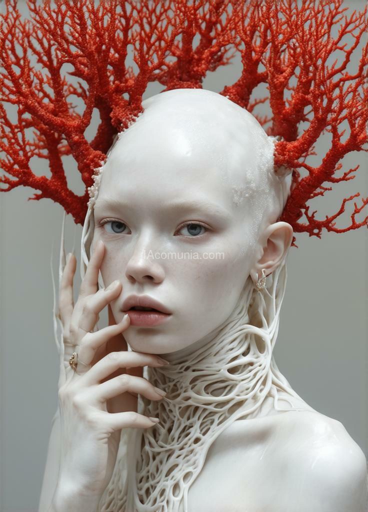 Imagen generada por IA en la comunidad IAcomuia: A woman with red corals on her head, porcelain pale skin, topological renders, hi - fructose art magazine, artforum, some tentacles are touching her, twigs, yasuke 5 0 0 px models, wearing jewellery, bilateral symmetry, albino, 32k