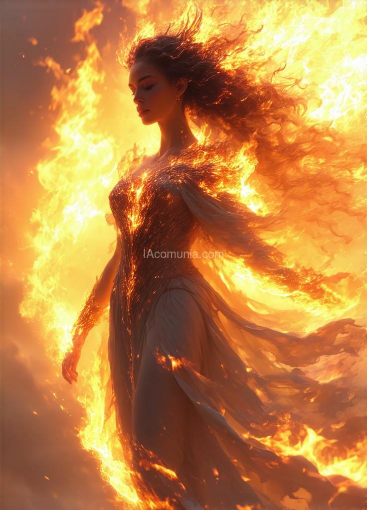 Imagen generada por IA en la comunidad IAcomuia: Vesta solis, her form alive with flickering flames that breathe and sway without consuming—majestic and powerful like the burning sun, she radiates a commanding beauty anchored in silent, indomitable strength.