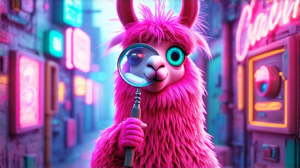 Imagen generada por IA en la comunidad IAcomuia: A whimsical and humorous 3d render of a futuristic, cyclopean llama with vibrant pink punk-style fur, holding an oversized magnifying glass with a comically large, singular eye peering through it. the llama’s fur is spiky and textured, dyed in bold shades of pink with neon highlights, giving it a rebellious and edgy look. its single eye is wide open, glowing with a futuristic blue or green hue, and filled with curiosity and mischief, emphasizing the concept of 'search.' the magnifying glass has a shiny, reflective lens that distorts the eye, adding a surreal and funny touch. the llama stands on its hind legs like a quirky detective, with a playful and confident expression. the background is a sleek, futuristic cityscape or a neon-lit environment, with soft lighting to highlight the llama’s vibrant fur and the magnifying glass. the overall style is cartoony yet highly detailed, with a mix of surrealism and cyberpunk aesthetics to enhance the humor and futuristic vibe. rendered in blender with high-quality 3d effects, focusing on playful details, vibrant colors, and a lighthearted, cutting-edge atmosphere.