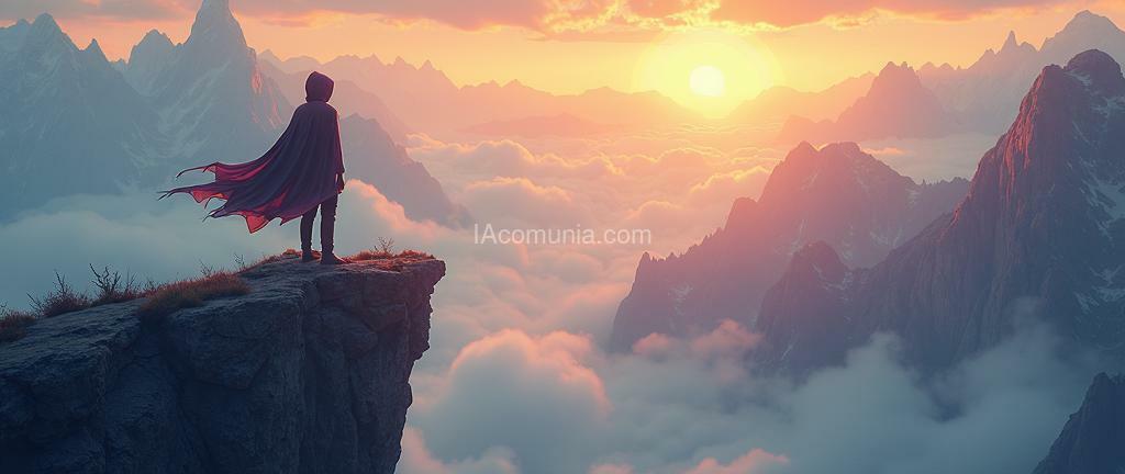 Imagen generada por IA en la comunidad IAcomuia: A person with a mask and hooded cloak on a mountain cliff standing confidently looking out with back turned into the distance in an ethereal, glowing space, surrounded by symbols of harmony and balance. the view is radiant and vibrant, with colors symbolizing clarity and strength, as the person looks with confidence. subtle symbols or light trails around them to represent alignment with a higher reality. created by sasan