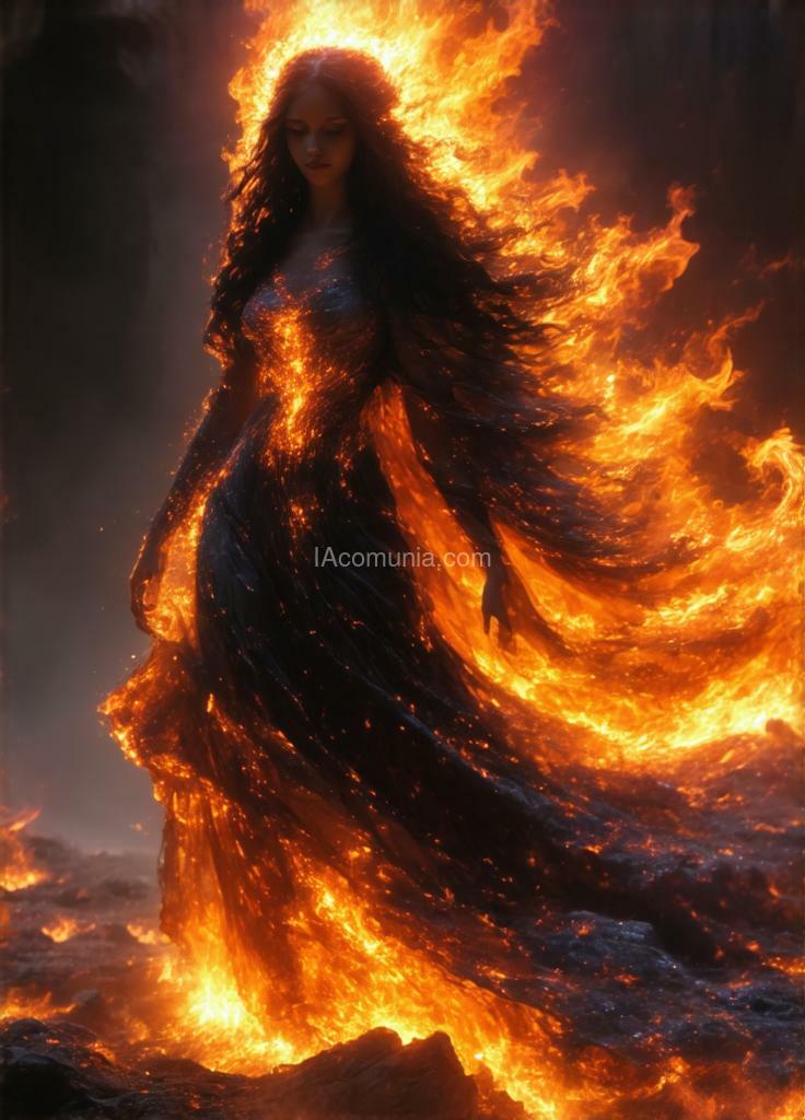 Imagen generada por IA en la comunidad IAcomuia: Vesta solis, her form alive with flickering flames that breathe and sway without consuming—majestic and powerful like the burning sun, she radiates a commanding beauty anchored in silent, indomitable strength.