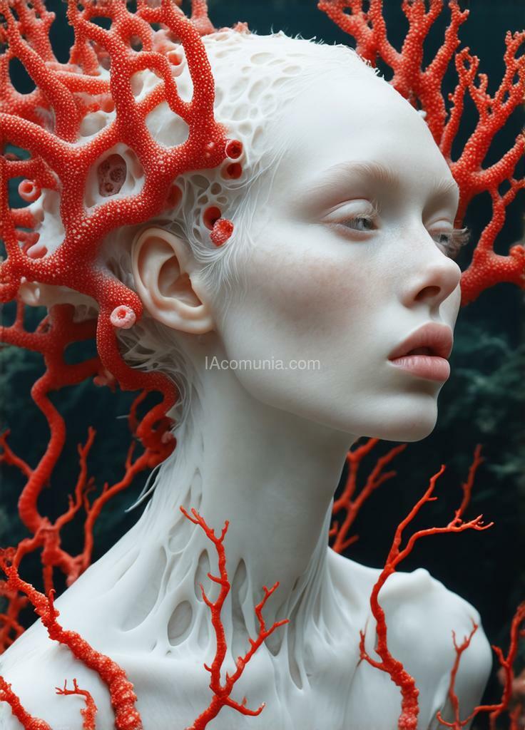 Imagen generada por IA en la comunidad IAcomuia: A woman with red corals on her head, porcelain pale skin, topological renders, hi - fructose art magazine, artforum, some tentacles are touching her, twigs, yasuke 5 0 0 px models, wearing jewellery, bilateral symmetry, albino, 32k