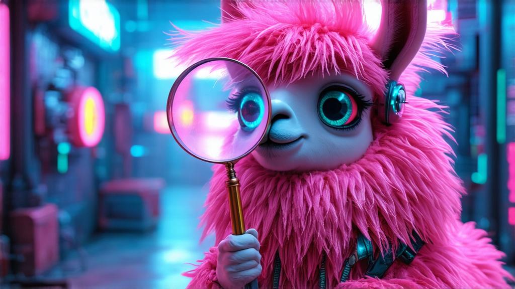 Imagen generada por IA en la comunidad IAcomuia: A whimsical and humorous 3d render of a futuristic, cyclopean llama with vibrant pink punk-style fur, holding an oversized magnifying glass with a comically large, singular eye peering through it. the llama’s fur is spiky and textured, dyed in bold shades of pink with neon highlights, giving it a rebellious and edgy look. its single eye is wide open, glowing with a futuristic blue or green hue, and filled with curiosity and mischief, emphasizing the concept of 'search.' the magnifying glass has a shiny, reflective lens that distorts the eye, adding a surreal and funny touch. the llama stands on its hind legs like a quirky detective, with a playful and confident expression. the background is a sleek, futuristic cityscape or a neon-lit environment, with soft lighting to highlight the llama’s vibrant fur and the magnifying glass. the overall style is cartoony yet highly detailed, with a mix of surrealism and cyberpunk aesthetics to enhance the humor and futuristic vibe. rendered in blender with high-quality 3d effects, focusing on playful details, vibrant colors, and a lighthearted, cutting-edge atmosphere.