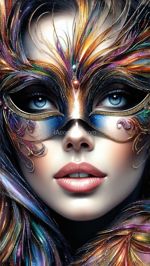 Imagen generada por IA en la comunidad IAcomuia: Beautiful female masquerade at venice carnival, awe inspiring , surreal structured mix media art, embroidered beautiful super model, art by luzia caldari, carne griffiths and vanessa barragao. coherent background, close-up, stitching in bright colors, 3d-effect artwork, 3d vector painting, sharp focus, beautiful, highly detailed, concept art, stunning, molecular, textures, breathtaking beauty, pure perfection, divine presence, unforgettable, impressive, breathtaking beauty, volumetric light, rays, vivid colors reflects, centered, symmetry, painted, intricate, volumetric lighting, beautiful, rich deep colors masterpiece, sharp focus, ultra detailed, in the style of dan mumford and marc simonetti, astrophotography , ultra realistic, stunning visuals, intricate, impressive