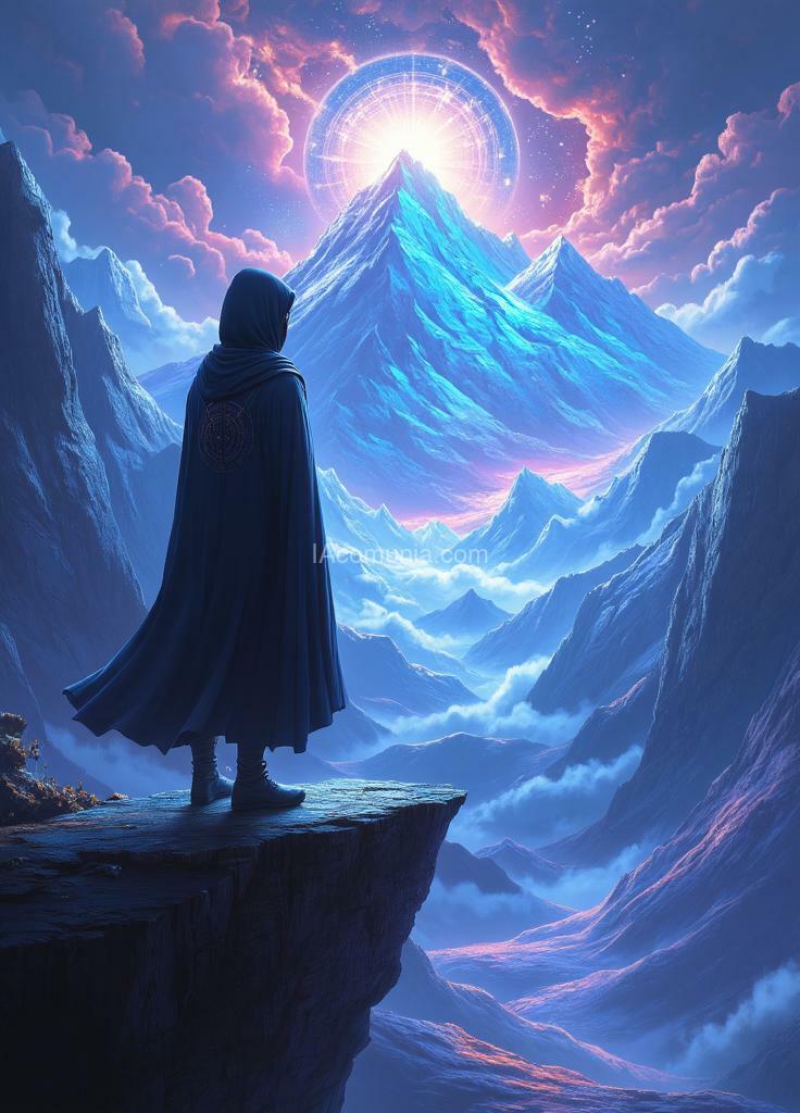 Imagen generada por IA en la comunidad IAcomuia: A person with a mask and hooded cloak on a mountain cliff standing confidently looking out with back turned into the distance in an ethereal, glowing space, surrounded by symbols of harmony and balance. the view is radiant and vibrant, with colors symbolizing clarity and strength, as the person looks with confidence. subtle symbols or light trails around them to represent alignment with a higher reality. created by sasan