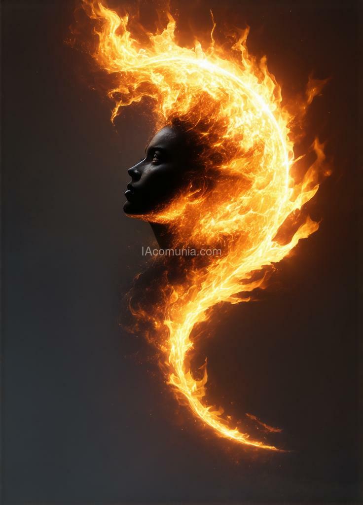 Imagen generada por IA en la comunidad IAcomuia: Vesta solis, her form alive with flickering flames that breathe and sway without consuming—majestic and powerful like the burning sun, she radiates a commanding beauty anchored in silent, indomitable strength.