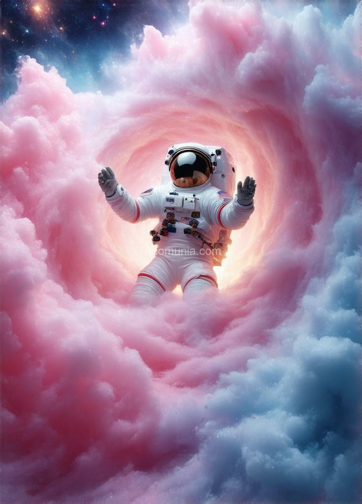 Imagen generada por IA en la comunidad IAcomuia: A centered astronaut in a pristine white nasa spacesuit faces 3/4 angle, right arm extended upward, reaching toward massive swirling clouds of cotton candy at f/1.8 depth of field. the cotton candy forms a spiral galaxy shape, with dense pink (#ffb6c1) wisps on the left transitioning to wispy sky blue (#87ceeb) streams on the right. individual sugar crystals float throughout the scene, each catching and refracting starlight like diamonds. dark space background with scattered bright stars. the cotton candy has a soft, fibrous texture with visible sugar granules. high-key lighting from upper left casts subtle shadows across the astronaut's suit. atmospheric haze adds depth. 8k resolution, ultra-detailed textures, shot on hasselblad, cinematic aspect ratio.