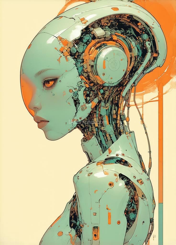 Imagen generada por IA en la comunidad IAcomuia: Female alien cyborg art and illustration by theo el, in the style of balanced symmetry, light orange and cyan, detailed facial features, manticore, organic forms, muted tones, meticulous portraiture, complex patterns