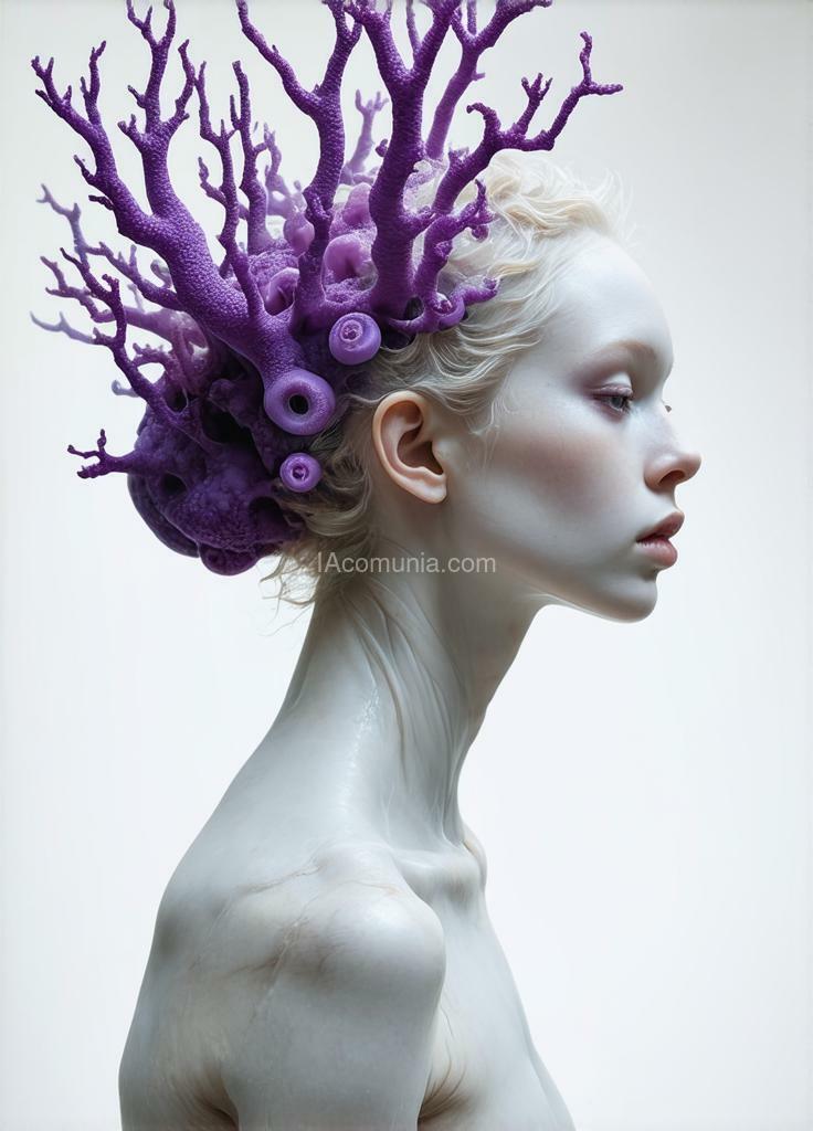 Imagen generada por IA en la comunidad IAcomuia: Woman body complet with violeta purple corals on her head, porcelain pale skin, topological renders, hi-fructose art magazine, artforum, some tentacles are touching her, twigs, yasuke 5 0 0 px models, wearing jewellery, bilateral symmetry, albino, 32k, violeta purple