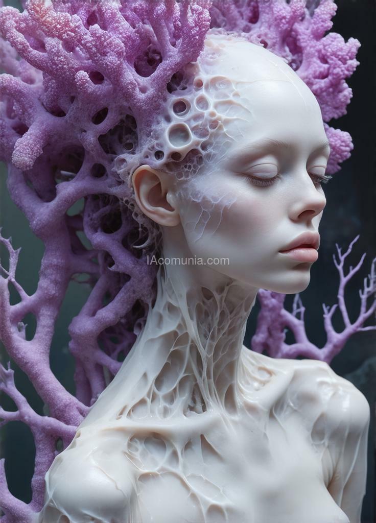 Imagen generada por IA en la comunidad IAcomuia: Woman body complet with violeta purple corals on her head, porcelain pale skin, topological renders, hi-fructose art magazine, artforum, some tentacles are touching her, twigs, yasuke 5 0 0 px models, wearing jewellery, bilateral symmetry, albino, 32k, violeta purple