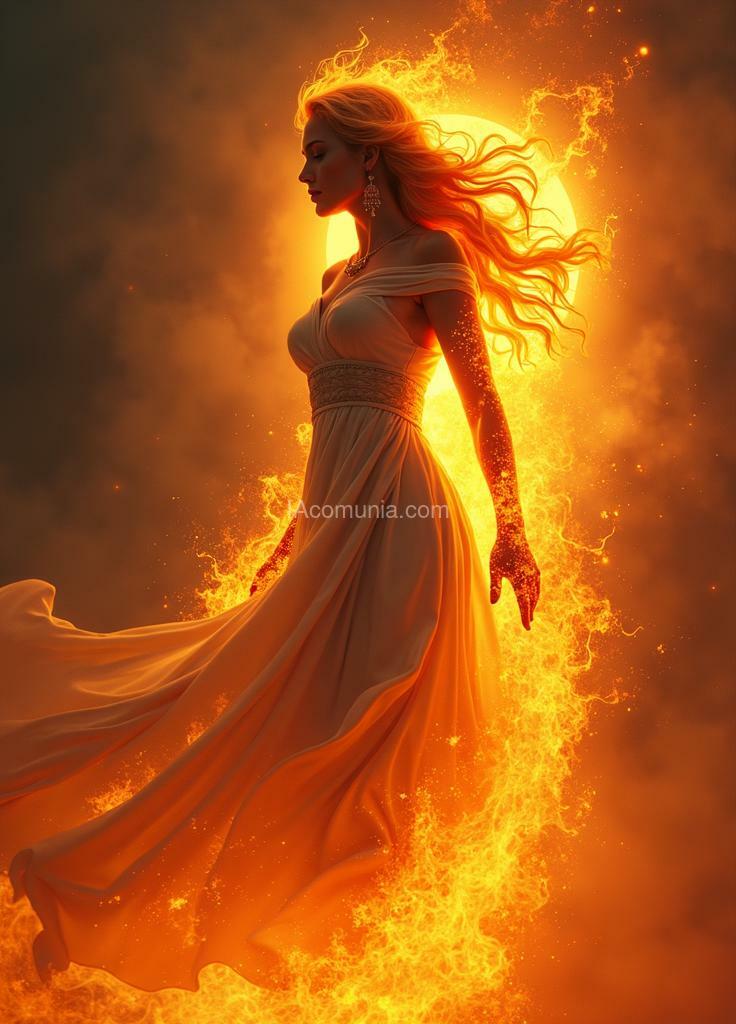 Imagen generada por IA en la comunidad IAcomuia: Vesta solis, her form alive with flickering flames that breathe and sway without consuming—majestic and powerful like the burning sun, she radiates a commanding beauty anchored in silent, indomitable strength.