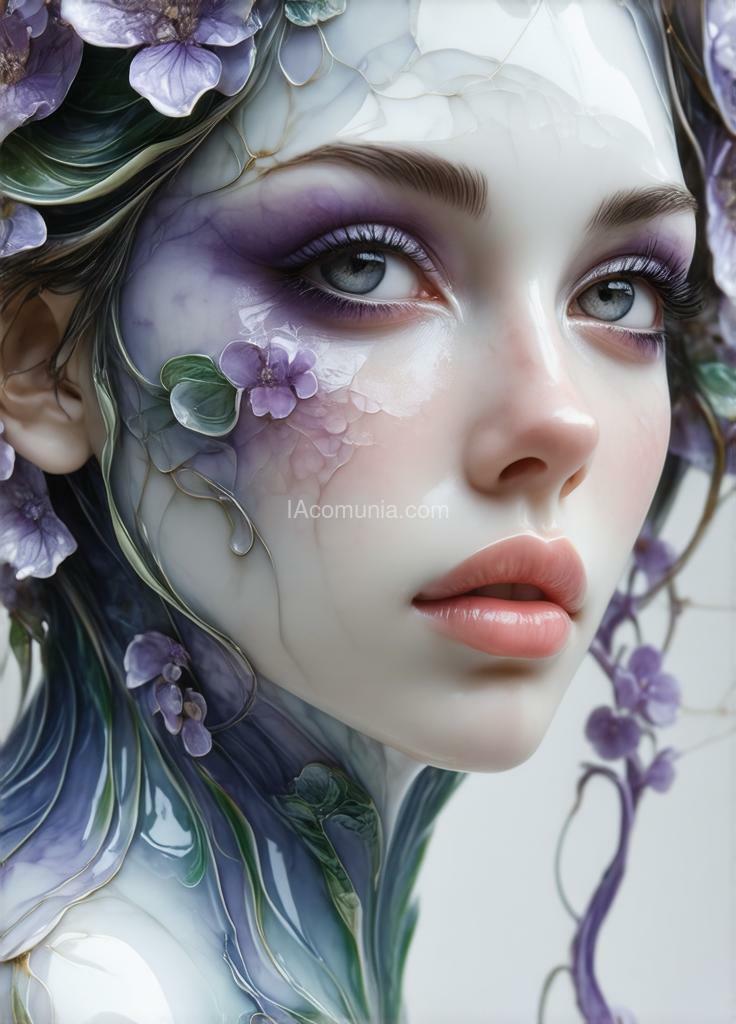 Imagen generada por IA en la comunidad IAcomuia: ((ultra hd quality details, realism, ideal)) a woman made of porcelain, in the style of balanced symmetry, lilac and green, detailed facial features, organic shapes, meticulous portraits, complex patterns.