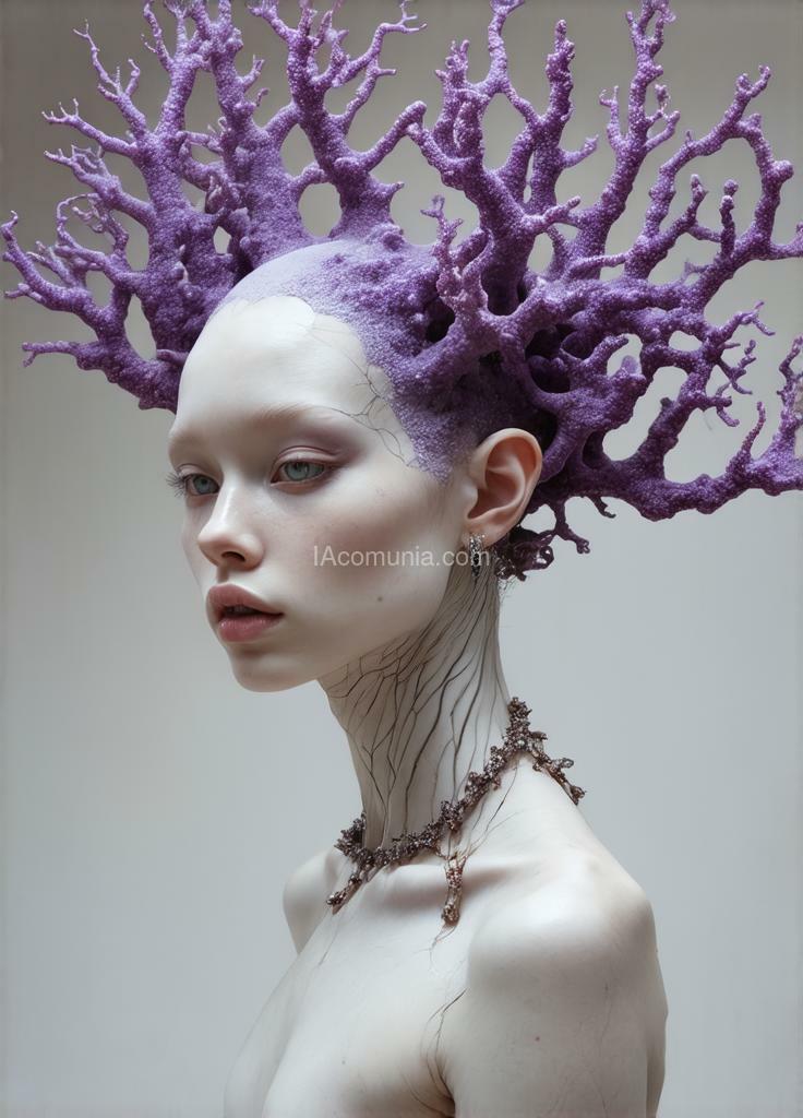 Imagen generada por IA en la comunidad IAcomuia: Woman body complet with violeta purple corals on her head, porcelain pale skin, topological renders, hi-fructose art magazine, artforum, some tentacles are touching her, twigs, yasuke 5 0 0 px models, wearing jewellery, bilateral symmetry, albino, 32k, violeta purple