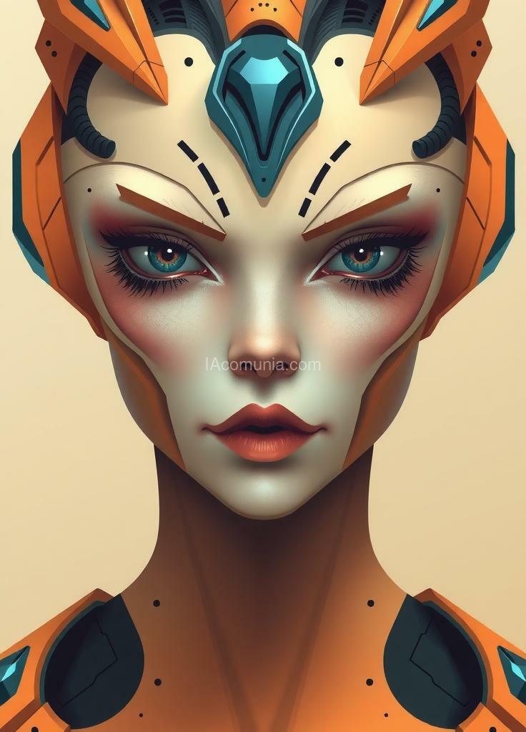 Imagen generada por IA en la comunidad IAcomuia: Female alien cyborg art and illustration by theo el, in the style of balanced symmetry, light orange and cyan, detailed facial features, manticore, organic forms, muted tones, meticulous portraiture, complex patterns