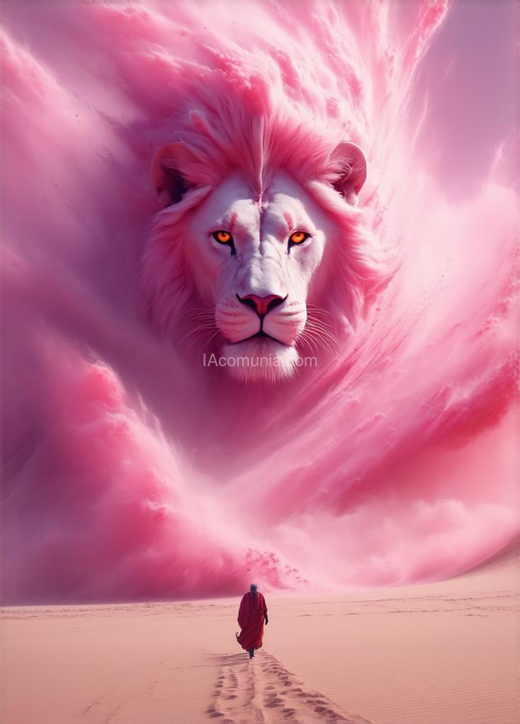 Imagen generada por IA en la comunidad IAcomuia: A stunning, high-resolution 8k masterpiece featuring a dramatic abstract interpretation of a massive pink sandstorm raging through the desert. the swirling pink dust and sand create a chaotic, turbulent scene, reminiscent of a roaring white lion. the white lion's body is enveloped by the wind, while its vivid, fierce expression captures the intensity of the tempest. amidst the turmoil, a solitary figure dressed in robes walks confidently towards the lion's face, braving the destructive elements. the warm orange light penetrates the chaos, casting a serene glow on the scene. the soft, realistic lighting and perfectly detailed visuals create an awe-inspiring wide long shot. hand-signed by the renowned artist "el magnifico" in the bottom right corner, this piece is truly a visual masterpiece.