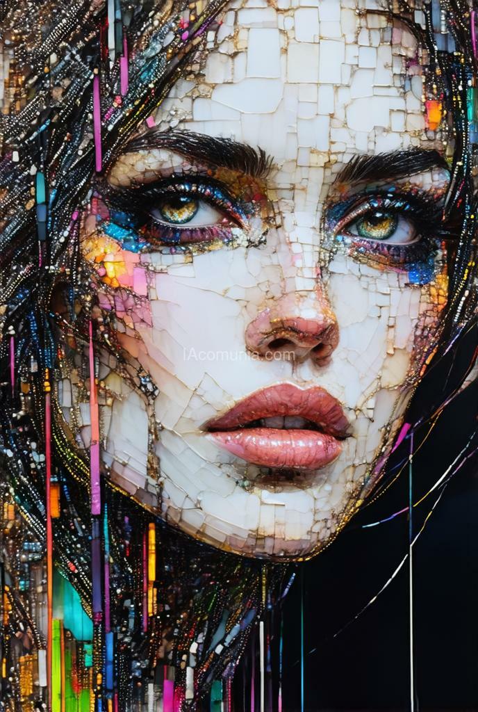 Imagen generada por IA en la comunidad IAcomuia: Awe inspiring , surreal structured mix media art, embroidered beautiful super model, art by luzia caldari, carne griffiths and vanessa barragao. black background, close-up, stitching in bright colors, 3d-effect artwork, 3d vector painting, sharp focus, beautiful, highly detailed, concept art, stunning, molecular, textures, breathtaking beauty, pure perfection, divine presence, unforgettable, impressive, breathtaking beauty, volumetric light, rays, vivid colors reflects, centered, symmetry, painted, intricate, a distorted abstract portrait of an average-looking girl, captured in vaporwave cubism style, her features fragmented into geometric shapes and pastel tones, with vhs glitch lines running through the image, creating a surreal yet calm expression, shot with a canon eos-1d x mark iii