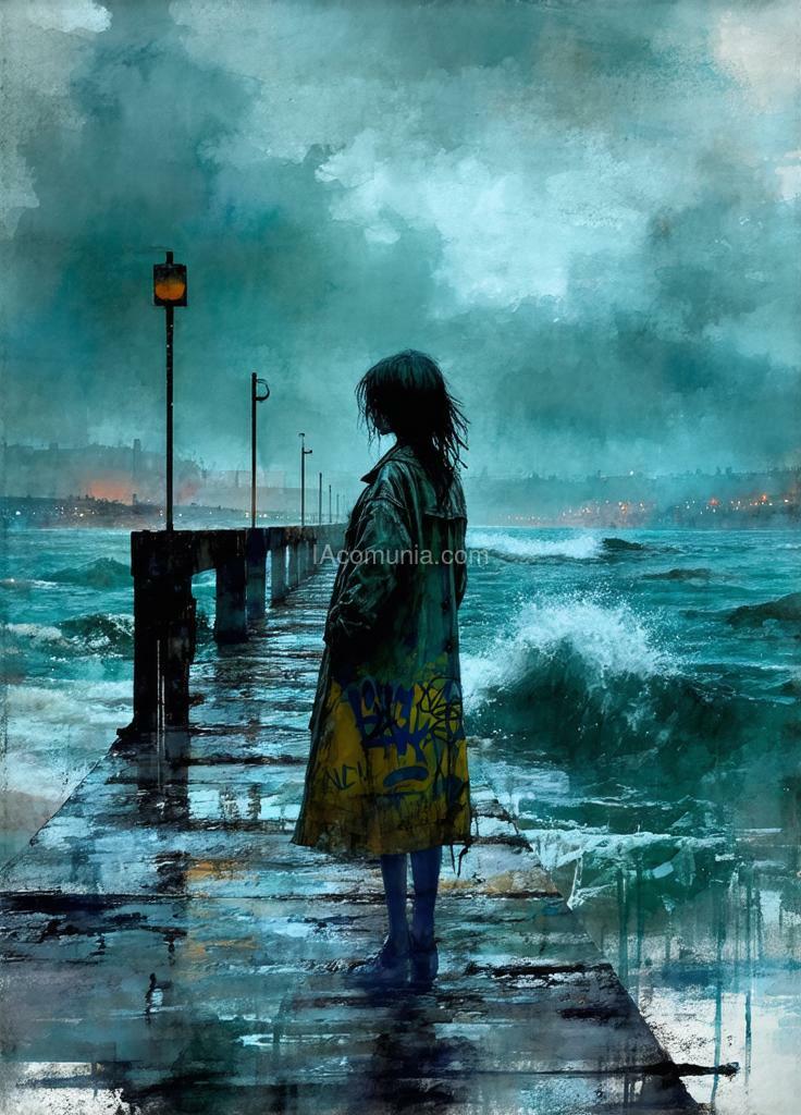 Imagen generada por IA en la comunidad IAcomuia: In a graffiti-punk digital watercolor style, a woman stands with her back to us on an abandoned pier, gazing at the horizon where the dark sky meets the tumultuous waters. dressed in a long, worn coat, her silhouette is highlighted by the vibrant colors of the graffiti covering the pier structures, telling a story of a past filled with life and energy. the waves crash forcefully, creating a soothing melody, yet her thoughtful expression betrays a deep melancholy. the lights of a distant city flicker through the mist, but she seems lost in her thoughts, as if disconnected from the world around her. this image evokes a sense of solitude and introspection, emphasizing the contrast between the wild beauty of nature and the sadness that dwells within her heart. created by sasan