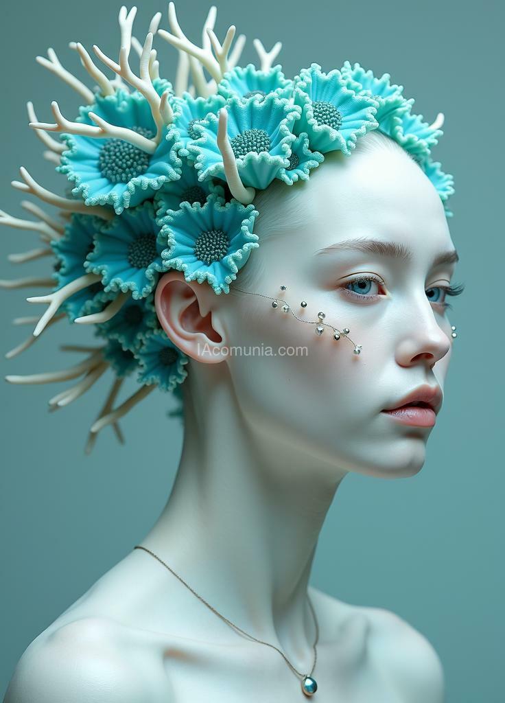 Imagen generada por IA en la comunidad IAcomuia: A woman with cyan corals on her head, porcelain pale skin, topological renders, hi - fructose art magazine, artforum, some tentacles are touching her, twigs, yasuke 5 0 0 px models, wearing jewellery, bilateral symmetry, albino, 32k