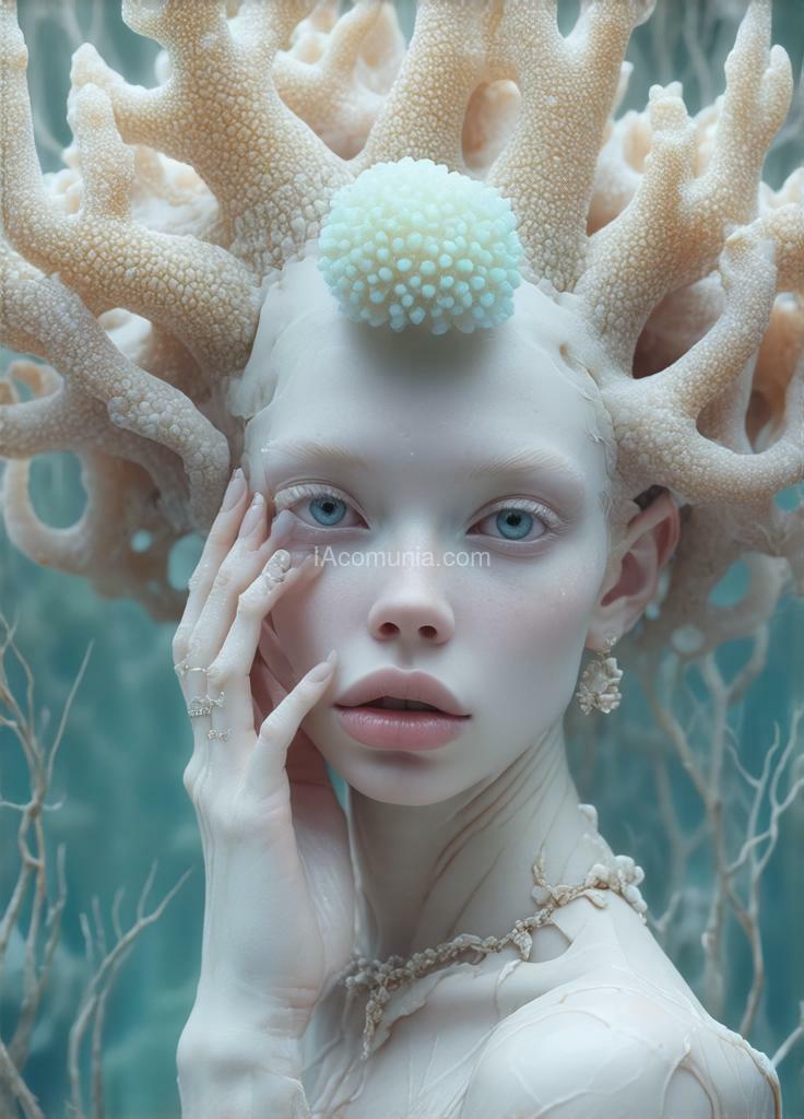 Imagen generada por IA en la comunidad IAcomuia: A woman with cyan corals on her head, porcelain pale skin, topological renders, hi - fructose art magazine, artforum, some tentacles are touching her, twigs, yasuke 5 0 0 px models, wearing jewellery, bilateral symmetry, albino, 32k