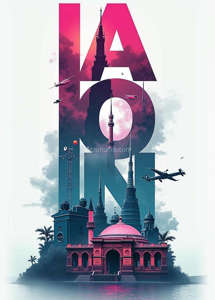 Imagen generada por IA en la comunidad IAcomuia: A stunning high-contrast, cinematic-style vertical collage of iconic landmarks and scenes from the tecnology, futuristic, with each letter of "ia comunia" with smoking pink and cyan featuring a different, dynamic scene. the overall mood is calm, capturing the essence of tecnology, futuristic. by sasan