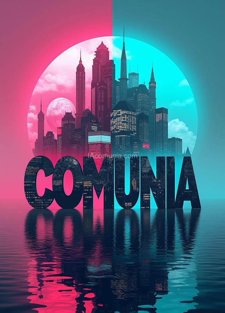 Imagen generada por IA en la comunidad IAcomuia: A stunning high-contrast, cinematic-style vertical collage of iconic landmarks and scenes from the tecnology, futuristic, with each letter of "ia comunia" with smoking pink and cyan featuring a different, dynamic scene. the overall mood is calm, capturing the essence of tecnology, futuristic. by sasan