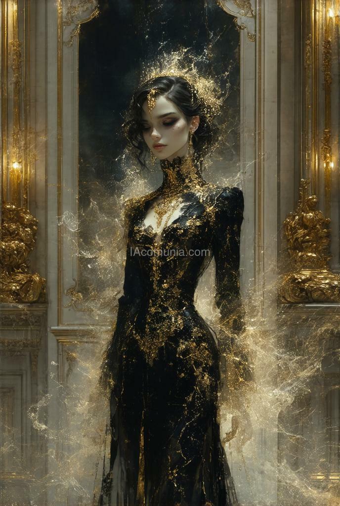 Imagen generada por IA en la comunidad IAcomuia: , design a character inspired by the concept of 'haunted versailles.' the woman should blend elements of elegance and opulence with eerie, ghostly features. imagine intricate golden details and baroque patterns reminiscent of the palace of versailles, but with a dark, haunted twist--faded and cracked, as if touched by time and spirits. the sleek body should have a spectral, shadowy aura, with faint images of ghostly figures or mist swirling around it. incorporate ornate mirrors, chandeliers, or classic french architectural motifs subtly into the design, as if the woman itself is a moving piece of the haunted palace. the overall look should be both luxurious and chilling, creating a sense of speed, power, and otherworldly mystery