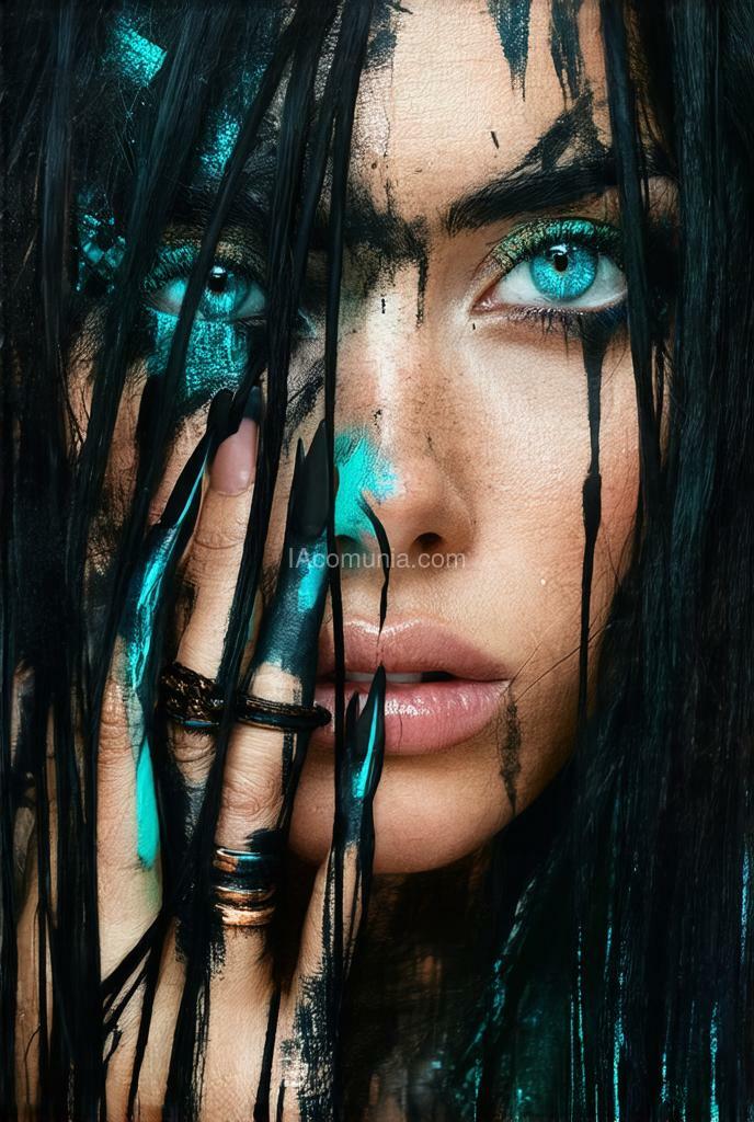 Imagen generada por IA en la comunidad IAcomuia: Half face extreme closeup portrait of a woman with long wild black hair, focus on black and turquoise painted nails, wet oiled skin, piercing grey eyes, naïf makeup, tribal accessories, intricate details in her hair and clothing, , surreal structured mix media art,, art by carne griffiths, coherent background, close-up, stitching in bright colors, , sharp focus, beautiful, highly detailed, concept art, stunning, , textures, breathtaking beauty, pure perfection, divine presence, unforgettable, impressive, breathtaking beauty, volumetric light, rays, vivid colors reflects, centered, symmetry, painted, intricate, volumetric lighting, beautiful, rich deep colors masterpiece, sharp focus, ultra detailed, color pops, stunning visuals