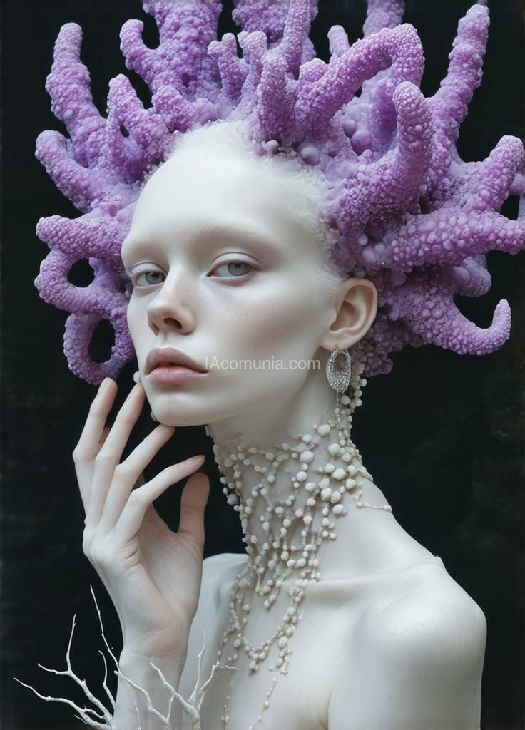 Imagen generada por IA en la comunidad IAcomuia: A woman with purple corals on her head, porcelain pale skin, topological renders, hi - fructose art magazine, artforum, some tentacles are touching her, twigs, yasuke 5 0 0 px models, wearing jewellery, bilateral symmetry, albino, 32k