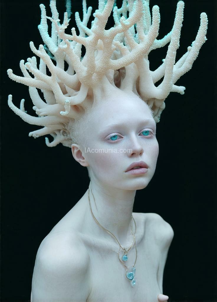 Imagen generada por IA en la comunidad IAcomuia: A woman with cyan corals on her head, porcelain pale skin, topological renders, hi - fructose art magazine, artforum, some tentacles are touching her, twigs, yasuke 5 0 0 px models, wearing jewellery, bilateral symmetry, albino, 32k