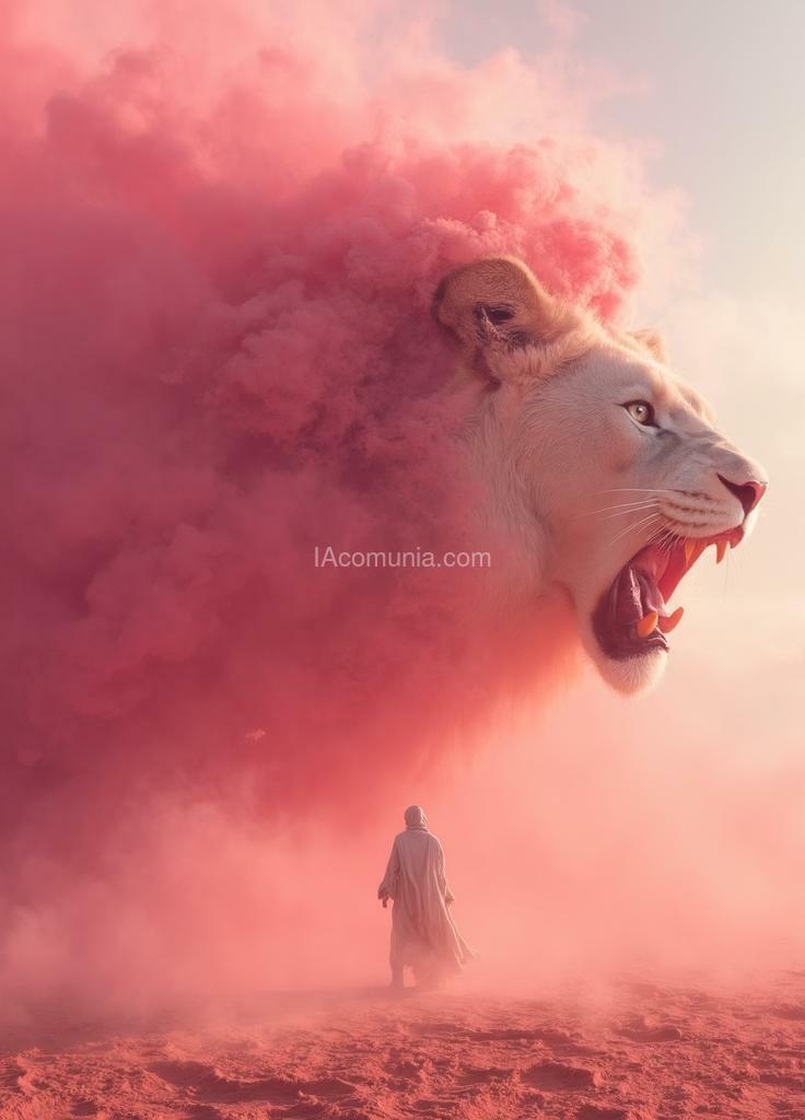 Imagen generada por IA en la comunidad IAcomuia: A stunning, high-resolution 8k masterpiece featuring a dramatic abstract interpretation of a massive pink sandstorm raging through the desert. the swirling pink dust and sand create a chaotic, turbulent scene, reminiscent of a roaring white lion. the white lion's body is enveloped by the wind, while its vivid, fierce expression captures the intensity of the tempest. amidst the turmoil, a solitary figure dressed in robes walks confidently towards the lion's face, braving the destructive elements. the warm orange light penetrates the chaos, casting a serene glow on the scene. the soft, realistic lighting and perfectly detailed visuals create an awe-inspiring wide long shot. hand-signed by the renowned artist "el magnifico" in the bottom right corner, this piece is truly a visual masterpiece.