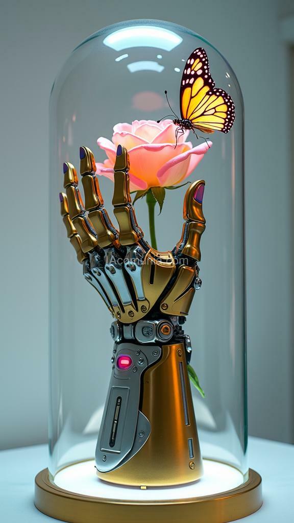 Imagen generada por IA en la comunidad IAcomuia: A high-tech cyberpunk gauntlet is displayed within a curved glass dome, half gold and half with other metallic elements. the gauntlet, with its sleek and minimalistic design, features silver plates, chips, and neon lights that highlight its sophistication. two fingers of the gauntlet are hybridized, combining human bones with cybernetic elements, creating a fascinating fusion of the organic and the mechanical. the background is a white wall, contrasting with the artificial spotlights focused on the exhibit, creating a serene and elegant atmosphere. the retro-glow lighting adds a nostalgic and futuristic touch to the ensemble. in the center of the exhibit, a rose with crystal petals glows with an ethereal shimmer, its delicate forms reflecting the neon lights from the gauntlet. the two hybridized fingers of the gauntlet delicately hold the rose, adding a touch of elegance and wonder to the scene. a butterfly with fluorescent wings flutters around the rose before gently perching on its petals, its vibrant colors contrasting with the white wall and the gold of the gauntlet, creating a visually stunning and lively scene.