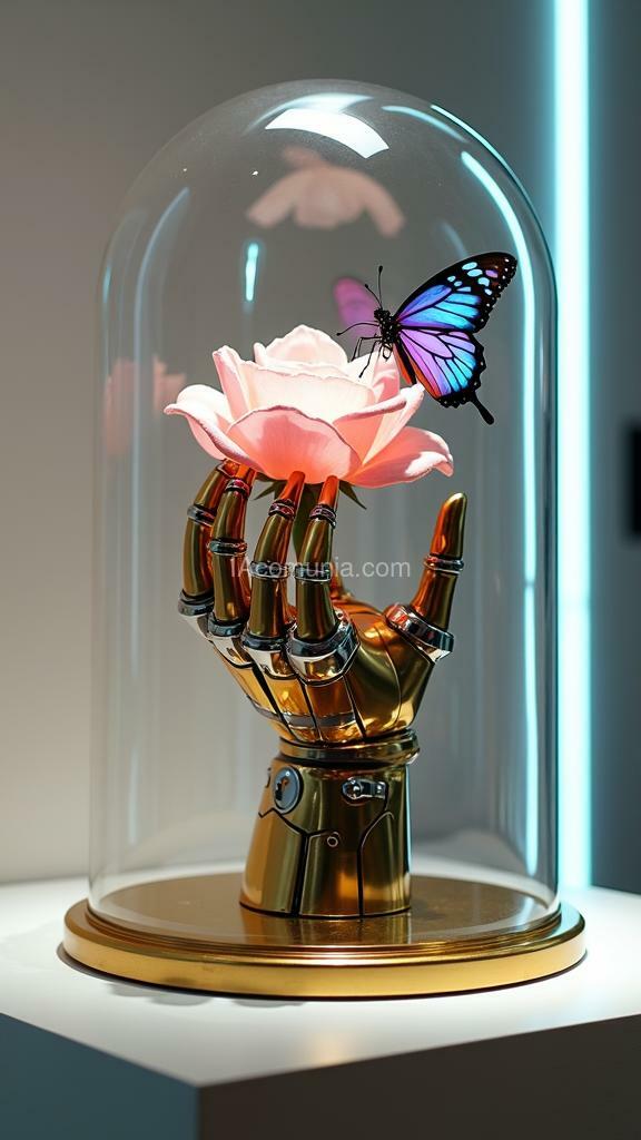 Imagen generada por IA en la comunidad IAcomuia: A high-tech cyberpunk gauntlet is displayed within a curved glass dome, half gold and half with other metallic elements. the gauntlet, with its sleek and minimalistic design, features silver plates, chips, and neon lights that highlight its sophistication. two fingers of the gauntlet are hybridized, combining human bones with cybernetic elements, creating a fascinating fusion of the organic and the mechanical. the background is a white wall, contrasting with the artificial spotlights focused on the exhibit, creating a serene and elegant atmosphere. the retro-glow lighting adds a nostalgic and futuristic touch to the ensemble. in the center of the exhibit, a rose with crystal petals glows with an ethereal shimmer, its delicate forms reflecting the neon lights from the gauntlet. the two hybridized fingers of the gauntlet delicately hold the rose, adding a touch of elegance and wonder to the scene. a butterfly with fluorescent wings flutters around the rose before gently perching on its petals, its vibrant colors contrasting with the white wall and the gold of the gauntlet, creating a visually stunning and lively scene.