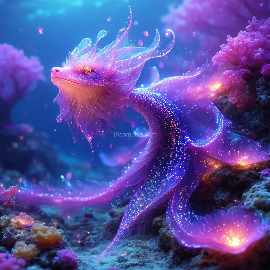 Imagen generada por IA en la comunidad IAcomuia: In a dreamlike underwater world where the waters shimmer with vibrant shades of violet and pink, create a fantastic being with a long neck and shiny scales. this creature, known as "luminara," dwells in a coral reef that is tinged with a futuristic gradient of deep violets and intense pinks. its scales, which change color with every movement, reflect the light from the luminous algae floating around it, creating a mesmerizing visual spectacle. luminara is not only a beauty in motion but also a guardian of this aquatic realm, whose purpose is to protect the harmony and life in its habitat