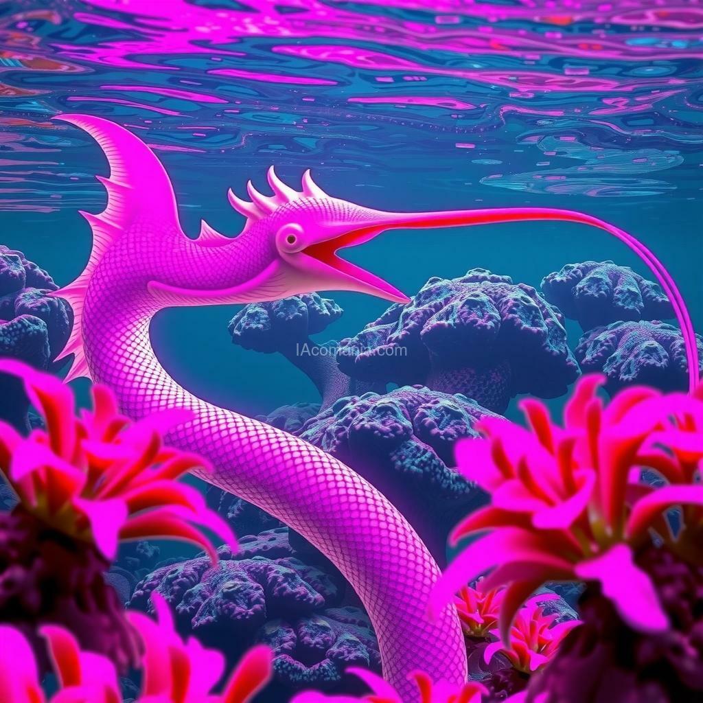 Imagen generada por IA en la comunidad IAcomuia: In a dreamlike underwater world where the waters shimmer with vibrant shades of violet and pink, create a fantastic being with a long neck and shiny scales. this creature, known as "luminara," dwells in a coral reef that is tinged with a futuristic gradient of deep violets and intense pinks. its scales, which change color with every movement, reflect the light from the luminous algae floating around it, creating a mesmerizing visual spectacle. luminara is not only a beauty in motion but also a guardian of this aquatic realm, whose purpose is to protect the harmony and life in its habitat