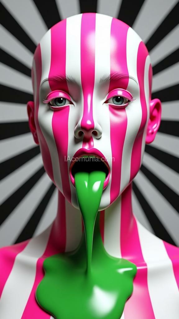 Imagen generada por IA en la comunidad IAcomuia: A 3d rendering of a surreal close-up portrait of a face composed entirely of bold pink and white stripes. the individual's extended tongue drips a viscous green liquid. the background is a minimalist geometric design with black and white stripes. multiple mirrors surround the face, reflecting the scene from various angles. the artwork combines 3d rendering, and portrait photography for a cinematic and avant-garde aesthetic.