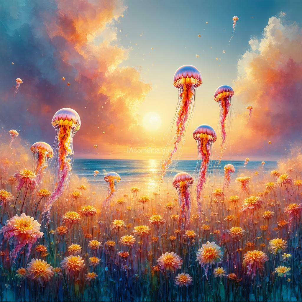 Imagen generada por IA en la comunidad IAcomuia: A stunning conceptual art piece featuring a vibrant field of chrysanthemum spray jellyfish floating in a dance light in the sky, captured in a painting-likephotograph. the image showcases thick brush strokes and a warm sunset backdrop, with a serene coastline reflecting the golden light of the setting sun. the chrysanthemum spray flowers are in full bloom, and their colors dance harmoniously with the calming hues of the sky and sea. this magical pastel symphony creates a sense of peaceful solitude and the quiet beauty of nature, all captured in a cinematic, 3d render-like style., photo, vibrant, painting, cinematic