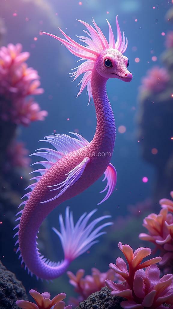 Imagen generada por IA en la comunidad IAcomuia: In a dreamlike underwater world where the waters shimmer with vibrant shades of violet and pink, create a fantastic being with a long neck and shiny scales. this creature, known as "luminara," dwells in a coral reef that is tinged with a futuristic gradient of deep violets and intense pinks. its scales, which change color with every movement, reflect the light from the luminous algae floating around it, creating a mesmerizing visual spectacle. luminara is not only a beauty in motion but also a guardian of this aquatic realm, whose purpose is to protect the harmony and life in its habitat