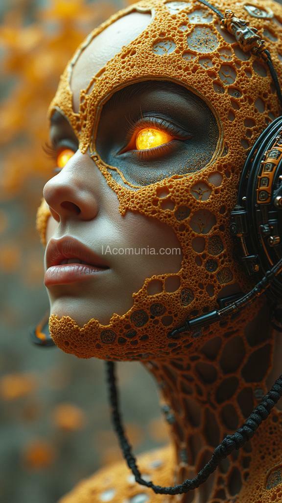 Imagen generada por IA en la comunidad IAcomuia: Extreme close up of biopunk transhuman terraformers wearing honeycomb biosuits making contact with the planetary hivemind consciousness of planet saturn, in the style of dune and the rings of power by h.r. giger and m.c. escher. intricate bee transhumans and biopunk organisms , inspired by the artistic styles of jean baptiste monge, carne griffiths, michael garmash, seb mckinnon and wadim kashin