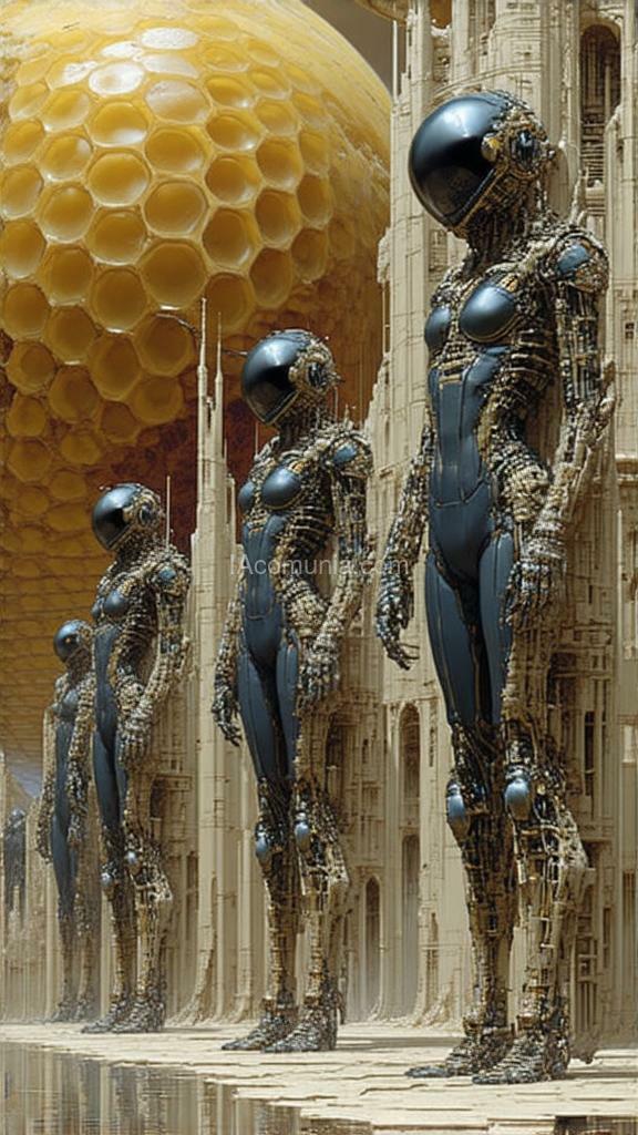 Imagen generada por IA en la comunidad IAcomuia: Extreme close up of biopunk transhuman terraformers wearing honeycomb biosuits making contact with the planetary hivemind consciousness of planet saturn, in the style of dune and the rings of power by h.r. giger and m.c. escher. intricate bee transhumans and biopunk organisms , inspired by the artistic styles of jean baptiste monge, carne griffiths, michael garmash, seb mckinnon and wadim kashin