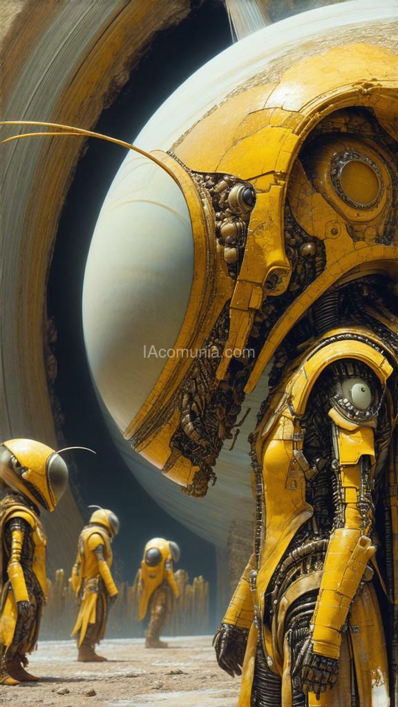 Imagen generada por IA en la comunidad IAcomuia: Extreme close up of biopunk transhuman terraformers wearing honeycomb biosuits making contact with the planetary hivemind consciousness of planet saturn, in the style of dune and the rings of power by h.r. giger and m.c. escher. intricate bee transhumans and biopunk organisms , inspired by the artistic styles of jean baptiste monge, carne griffiths, michael garmash, seb mckinnon and wadim kashin