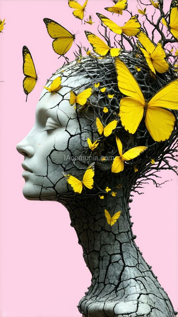 Imagen generada por IA en la comunidad IAcomuia: The molecular sculpture of a head with an exceptionally long neck depicts a serene head from which yellow butterflies emerge through a crack representation the curation with smoke pink. the face, with its serene expression, is inspired by the hallucinations of yayoi kusama.