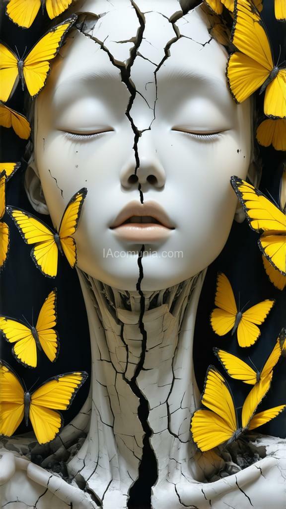 Imagen generada por IA en la comunidad IAcomuia: The molecular sculpture of a head with an exceptionally long neck depicts a serene head from which yellow butterflies emerge through a crack. the face, with its serene expression, is inspired by the hallucinations of yayoi kusama.